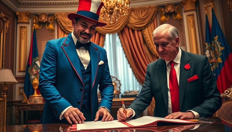 Flamboyant red, white, and blue suit man and official signing documents.