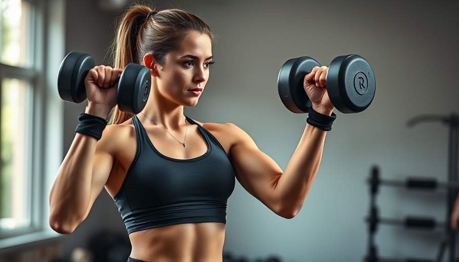 Woman demonstrating functional training exercises with weights.