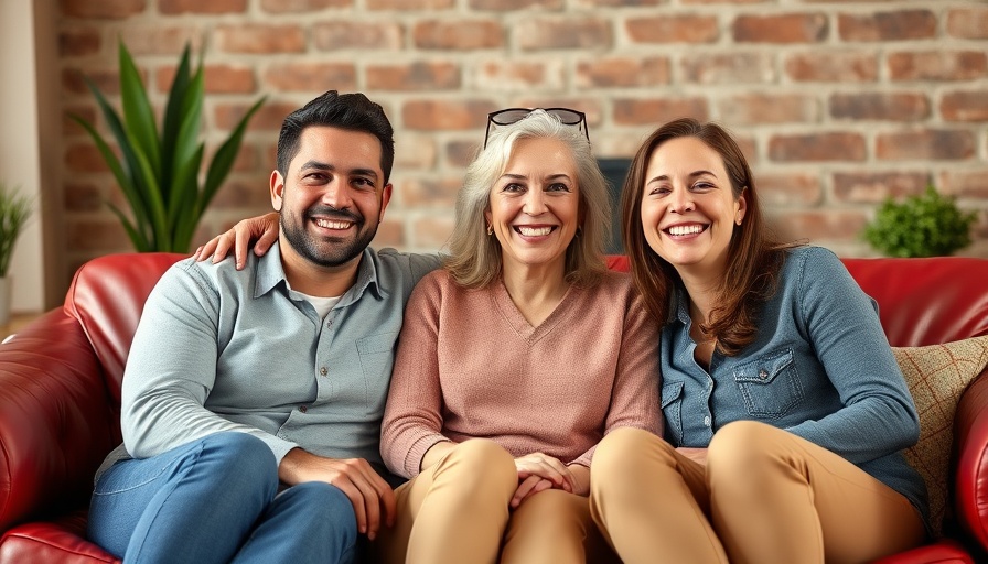 Individuals with supportive smiles sitting on a red sofa, brittle bone disease awareness.