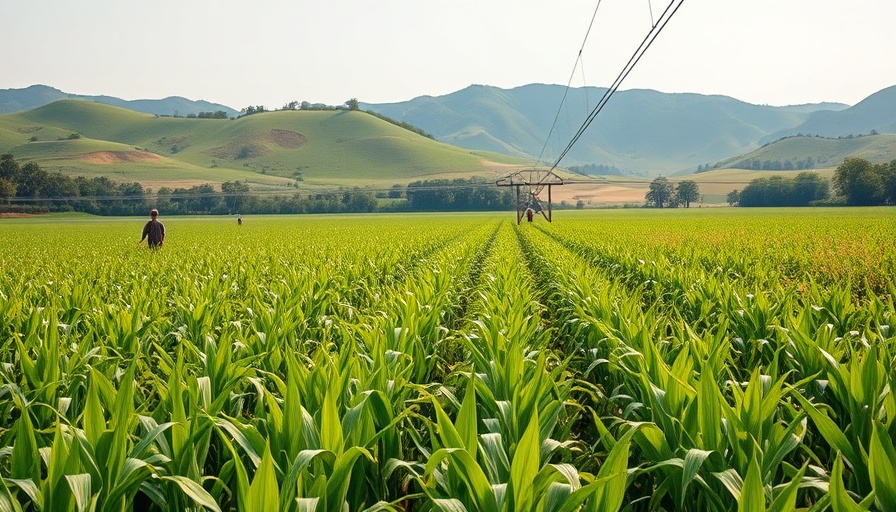 Cornfield with irrigation and workers illustrating Trump tariffs impact on farmers.