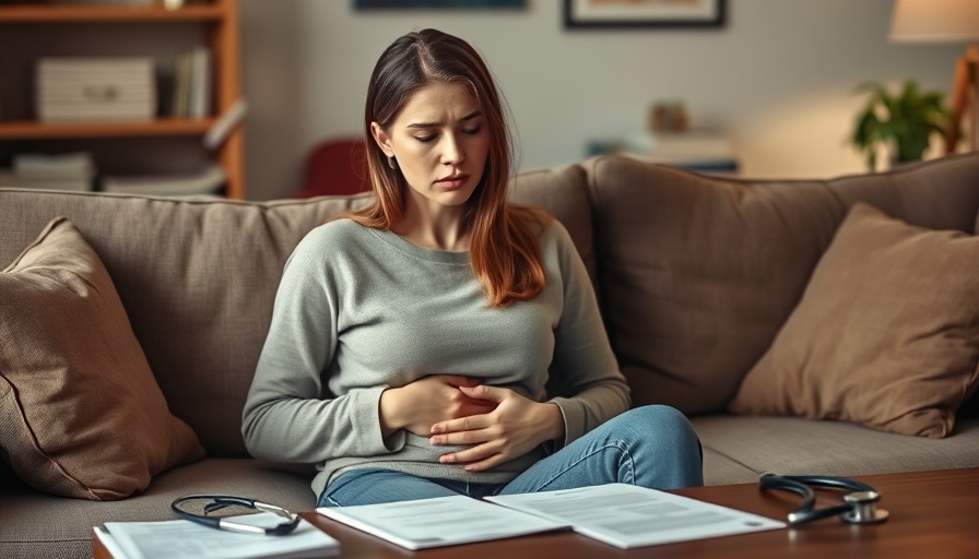 Concerned woman sitting with stomach discomfort, hinting at prior IBD surgery pregnancy risks.
