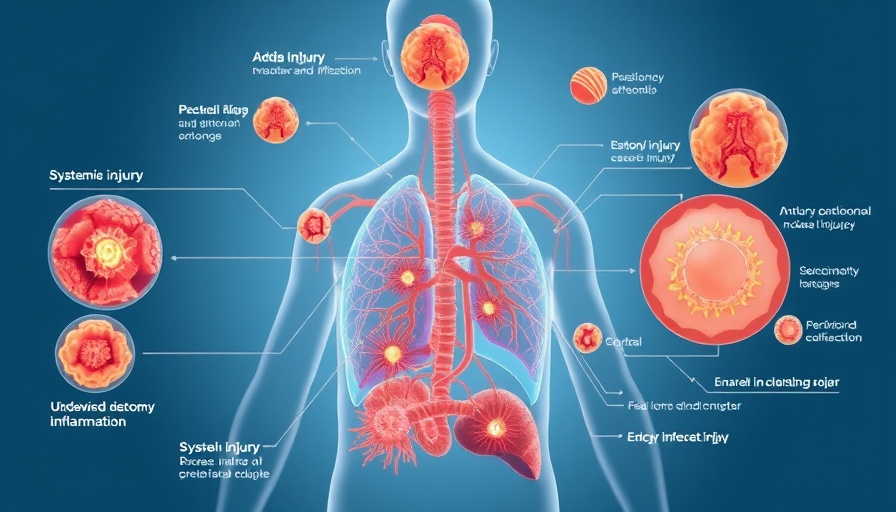 Educational illustration of ARDS process showing systemic injury and inflammation.