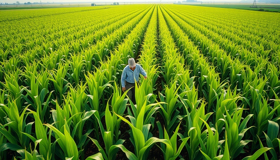 Farmers working in a vast cornfield with irrigation system.