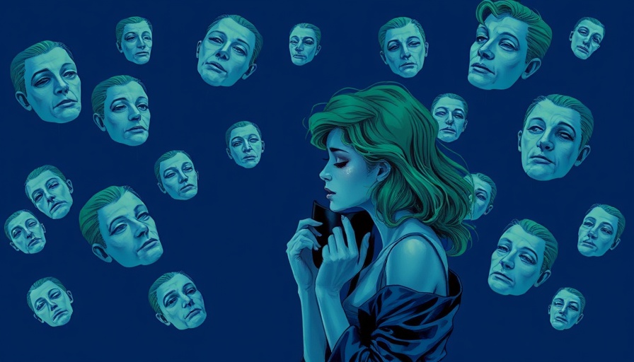 Abstract woman with mask amidst floating faces, symbolizing deepfake impact.