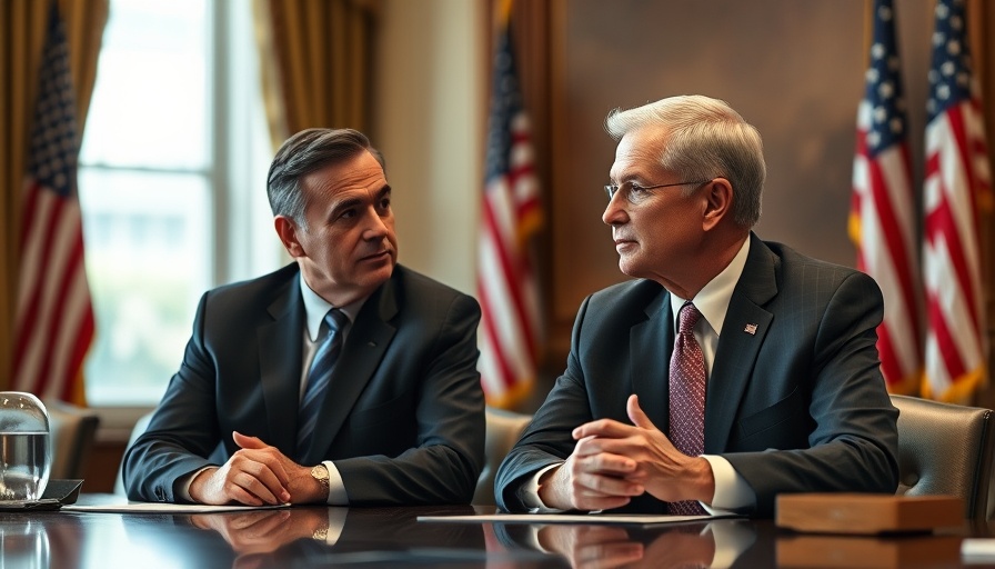 Two men discussing at a formal meeting table with flag background.