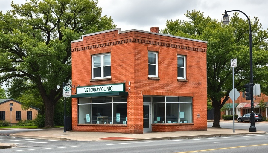 Suspended vet Anca Bucur clinic building in red brick.