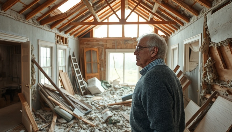 Clinton County man inspects tornado-damaged room.