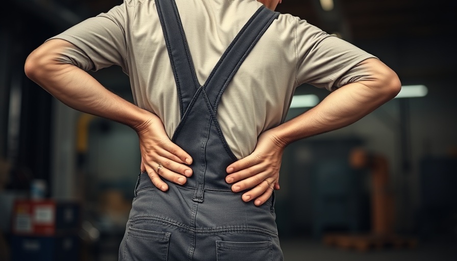 Man experiencing back pain in industrial setting, illustrating non-invasive back pain treatments effectiveness.