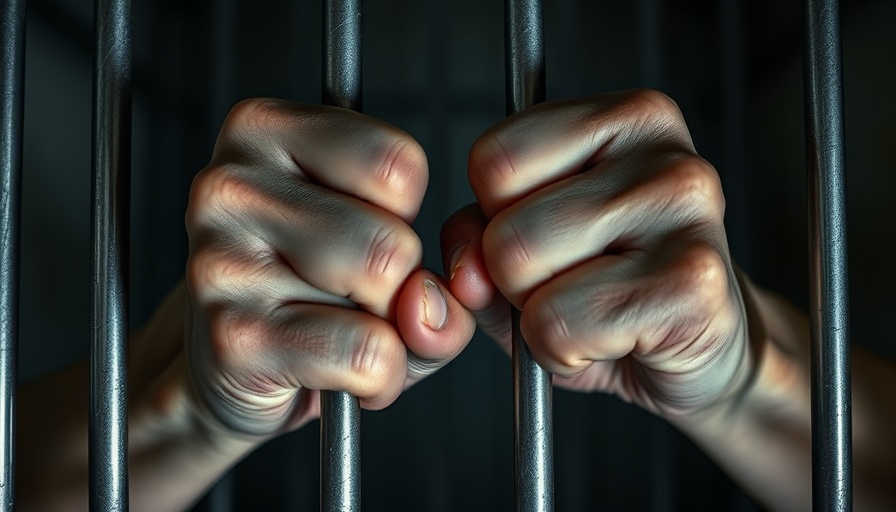 Hands gripping jail bars depicting confinement in a dimly lit cell.