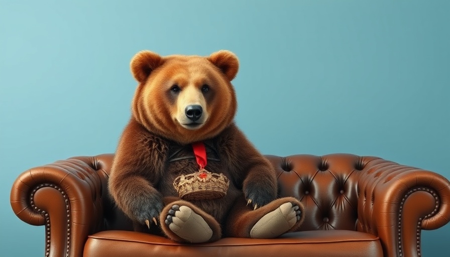 Bear seated on leather couch, Recession vs. Bear Market concept.