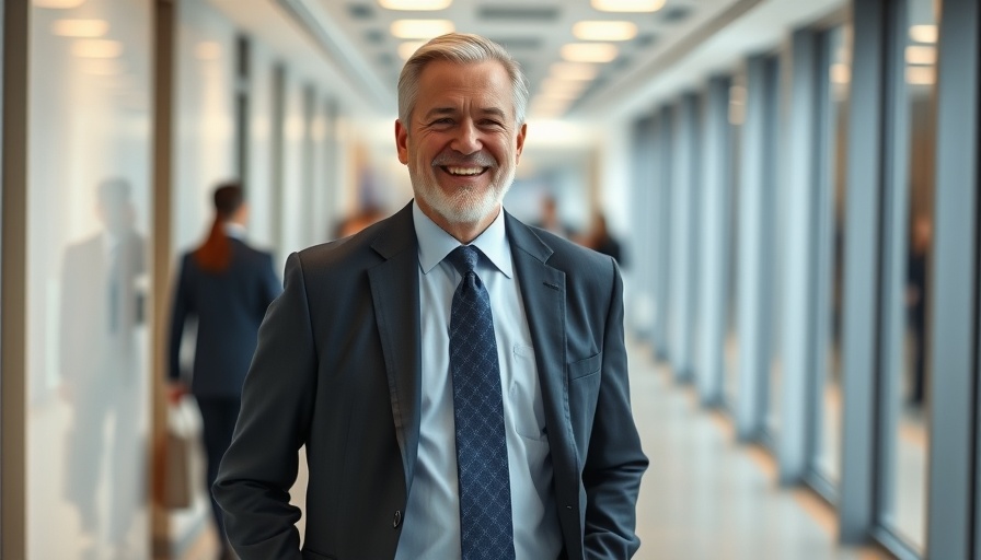 Smiling man in suit walking in office hallway with background figures.