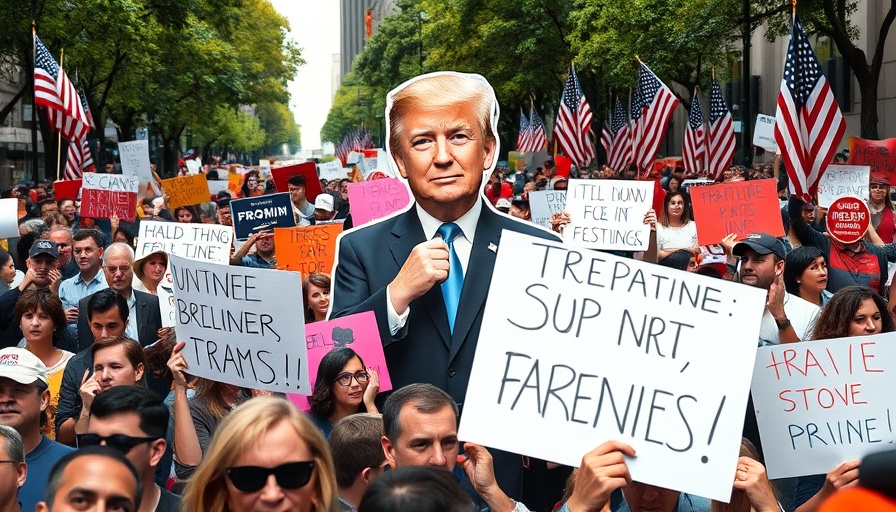 Crowd protests with signs and political cutout at Hands Off! rally.