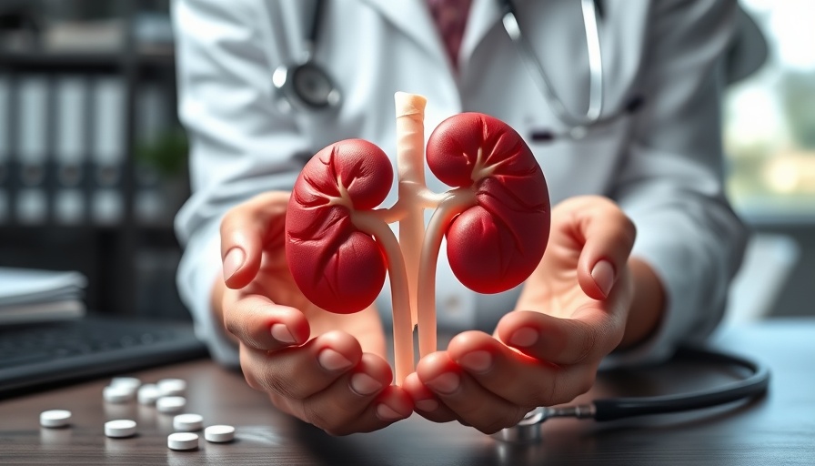 Medical tools and kidney model highlighting mild renal insufficiency mortality risk in STEMI patients.