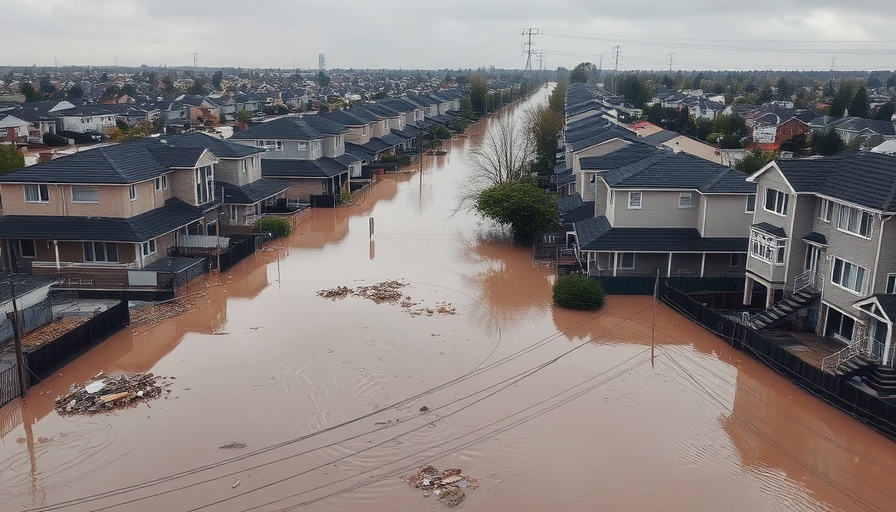 Aurora residents concerned water levels; aerial view of flooded street.