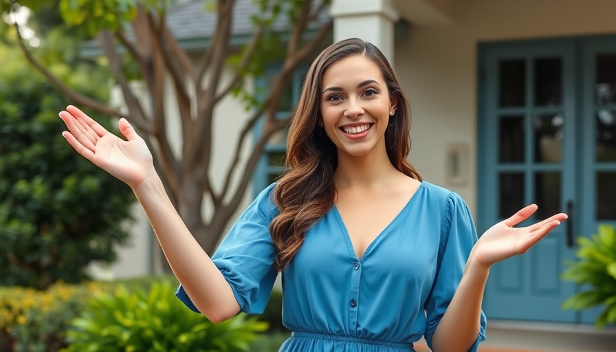 Woman presenting a waterfront house with lush greenery, showcasing house flip challenges.