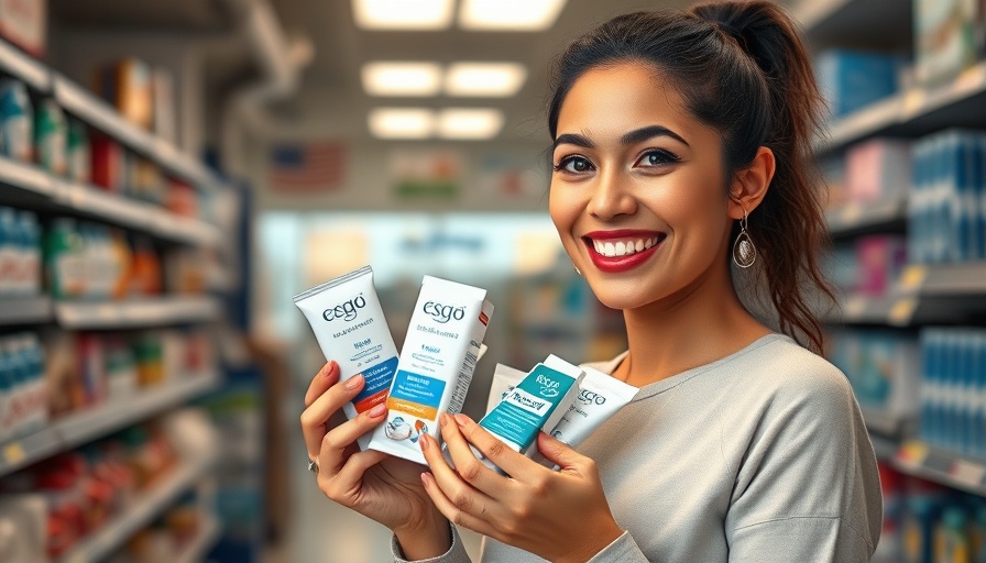 Smiling woman shopping for dental hygiene products in a store