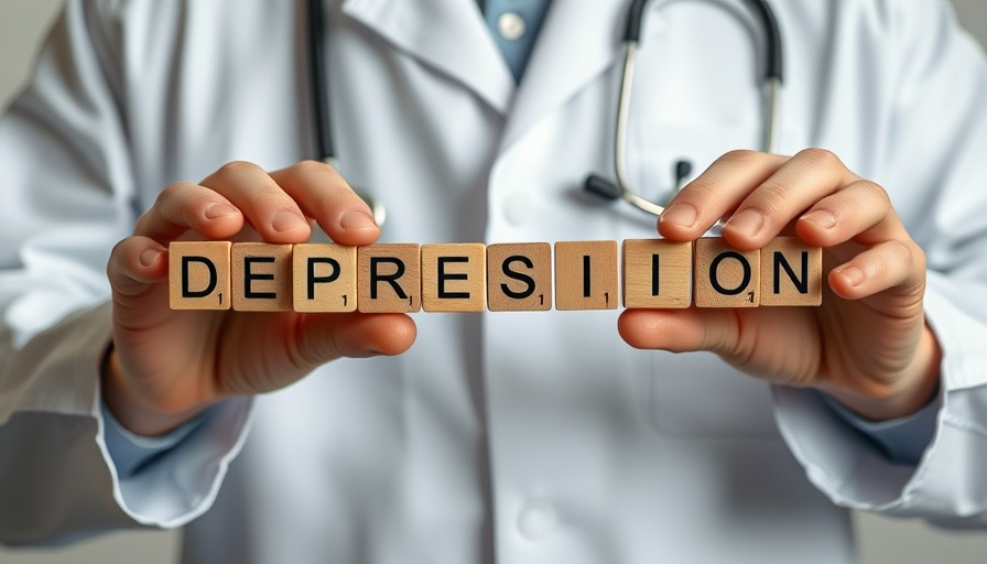 Doctor's hands arranging blocks spelling 'DEPRESSION' with stethoscope.