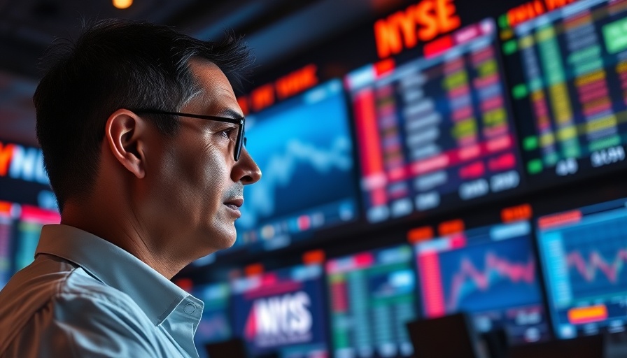 Financial analyst monitors China US tariff response, stock market screens in view.