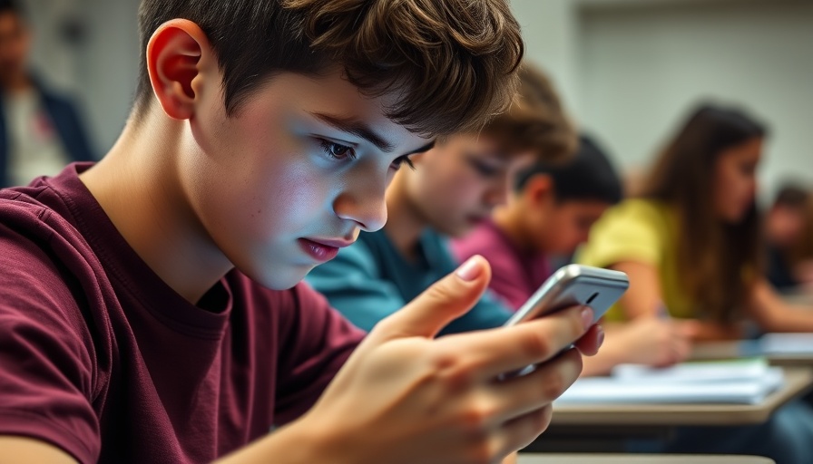 Teen focused on phone in class, concept to ban cell phones in schools.