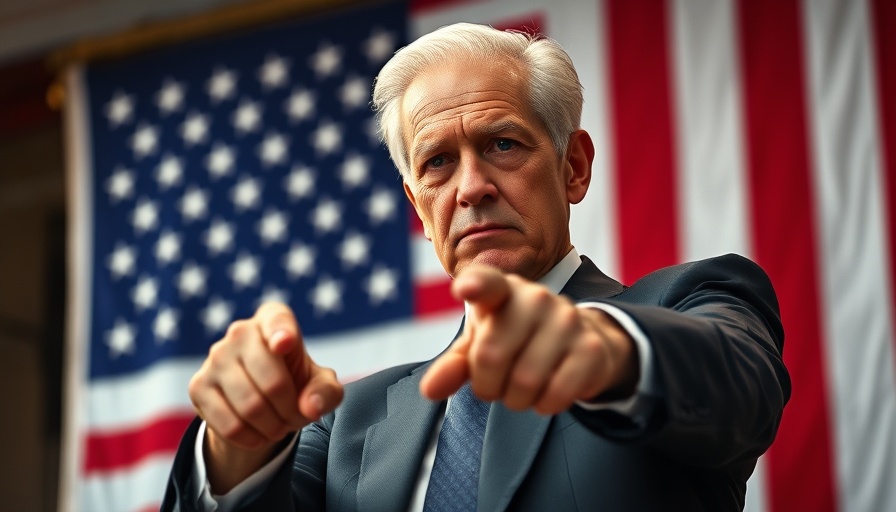 Confident man impacts market, pointing with flag backdrop.