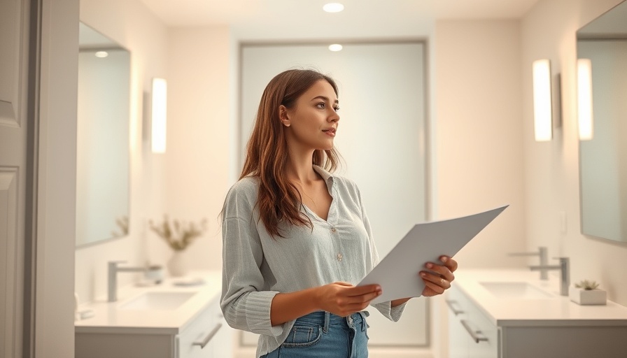 Woman in modern bathroom, Funky House Additions in Flipping, bright setting.