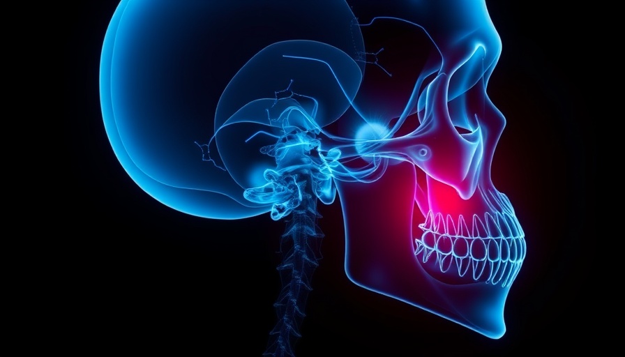 Glowing x-ray of a human skull with highlighted jaw for MRONJ treatment