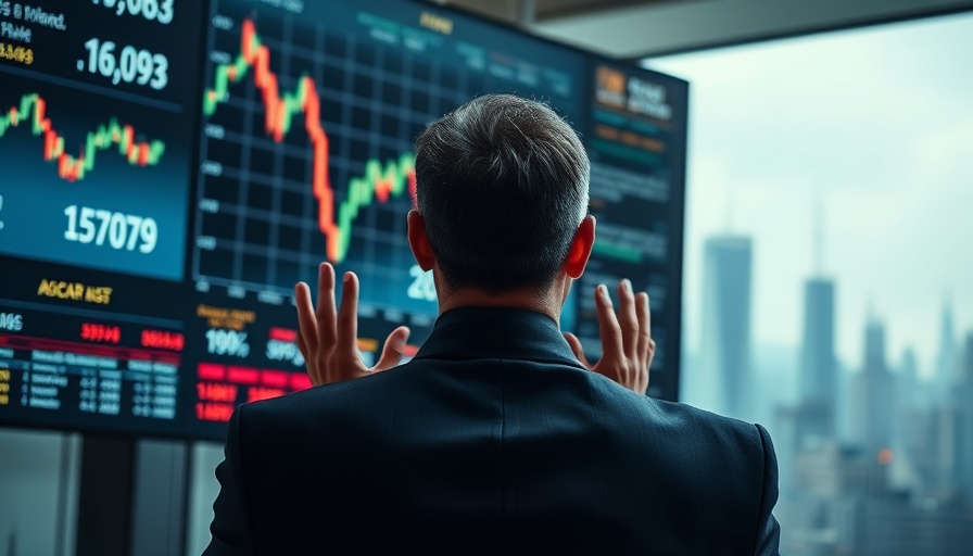 Anxious man looks at falling stock graph, reflecting economy at risk.