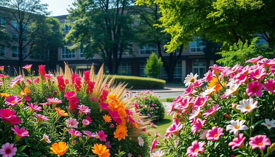 University entrance with vibrant flowers, relating to international students' visa revocation.