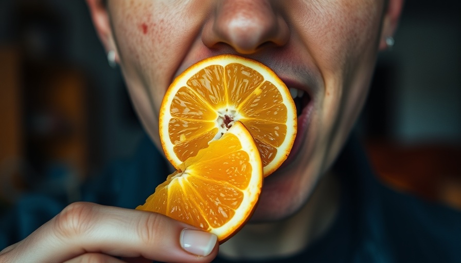 Person holding orange slice to teeth; teeth whitening options discussion.