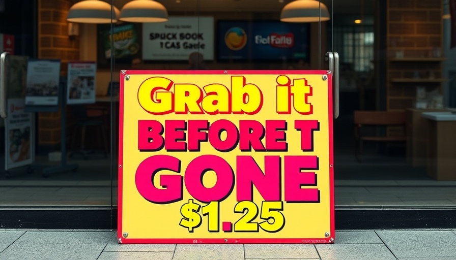 Promotional sign urging consumers amid tariffs and market swings.
