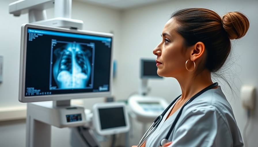 Nurse observing mammogram screen, patient in examination.