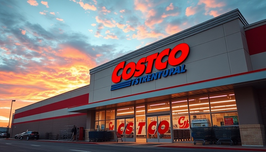 Costco storefront captured at dusk, highlighting auto and home insurance offerings.