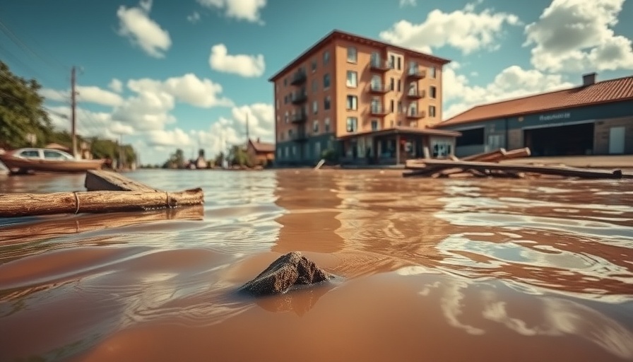 Flooded street in Aurora with debris and distant building.