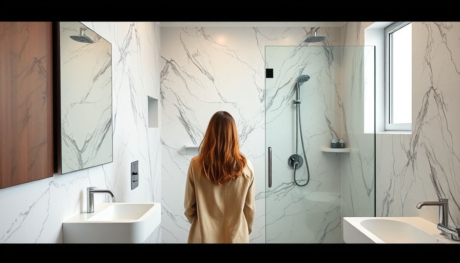 Woman evaluating contemporary bathroom renovation for house renovation profit.