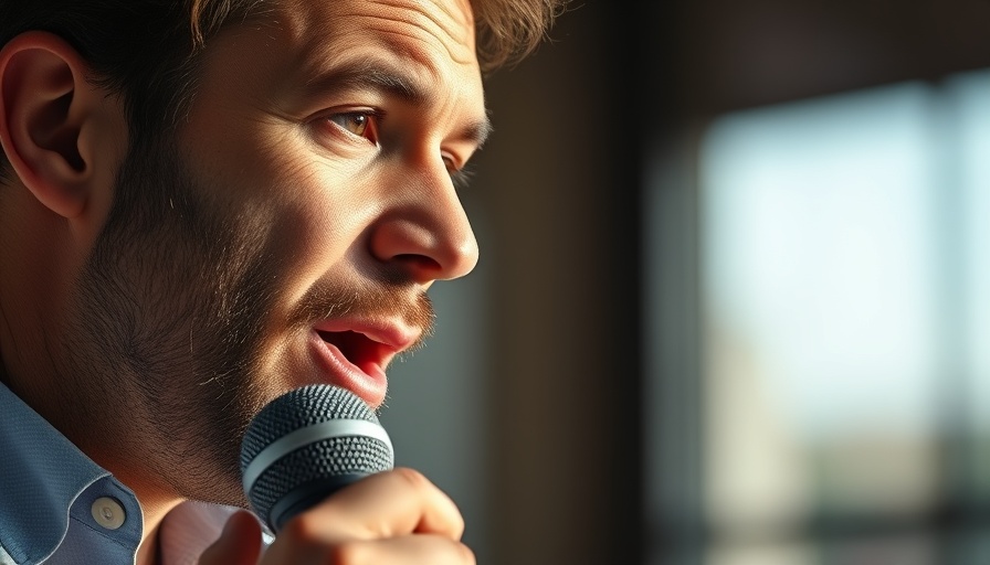 Man talking into a microphone outdoors, engaging in conversation.