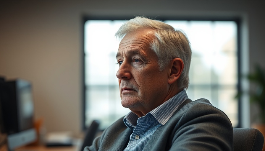 Older man in office reflecting on tariff decisions.