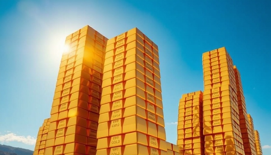 Towering gold bars shining under bright sun, symbolizing gold prices surging.