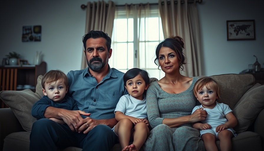 Somber family of dual unemployed parents with children.