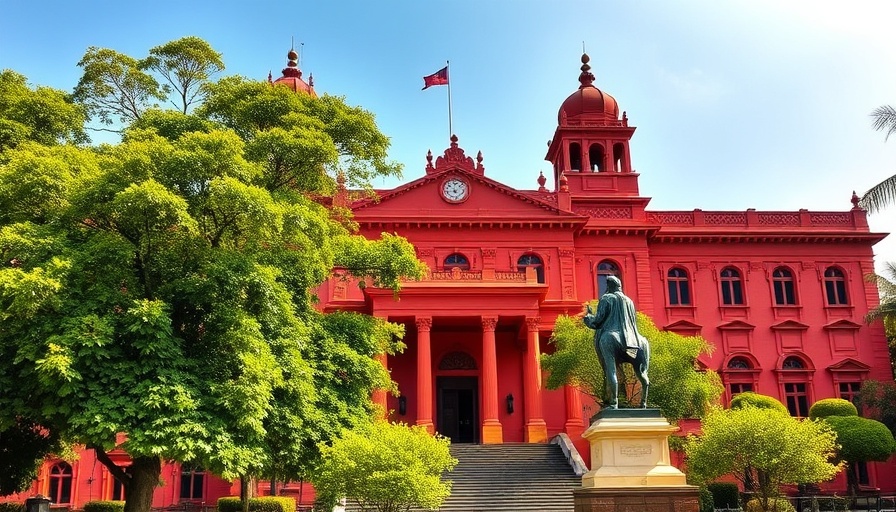 Imposing Madras High Court, red architecture, daylight scene.