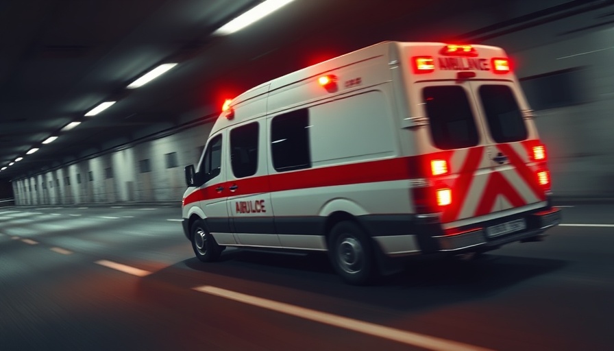 Ambulance rushing with red lights in a parking garage, indicating urgency.