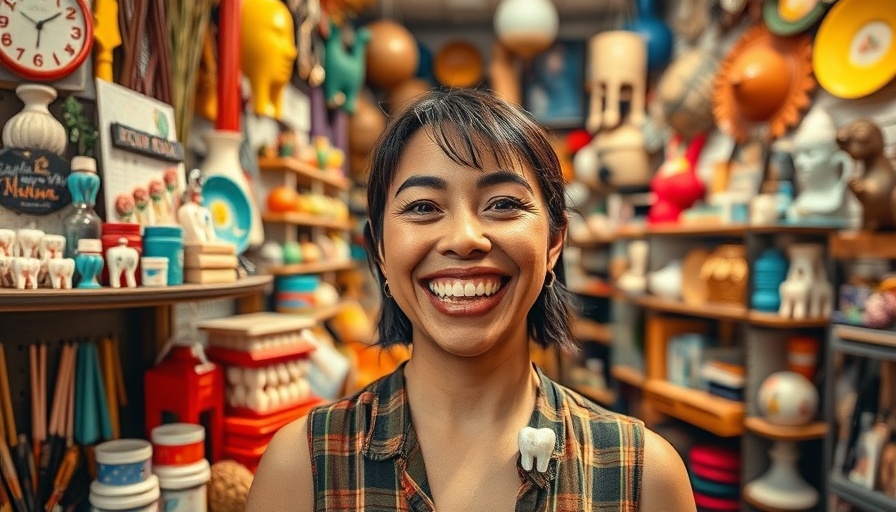 Colorful thrift store dental finds and cheerful woman.