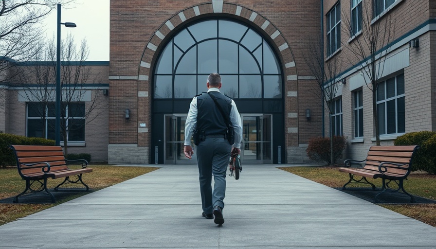 Solemn police officer approaches school entrance, Pennsylvania school shooting context