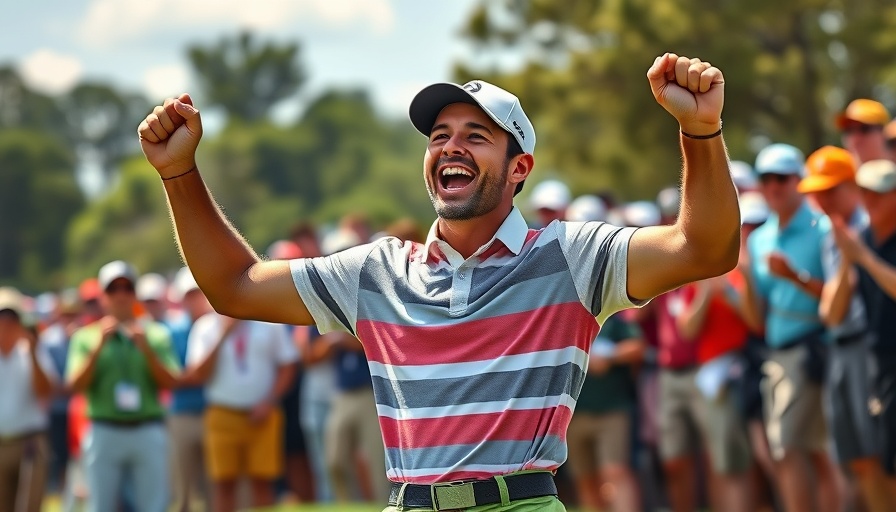 Rory McIlroy celebrating Masters playoff victory, joyful gesture.