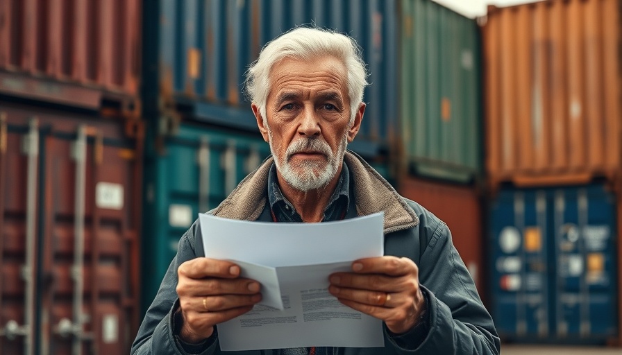 Older man with document in front of shipping containers, serious look, Singapore cuts growth forecast.