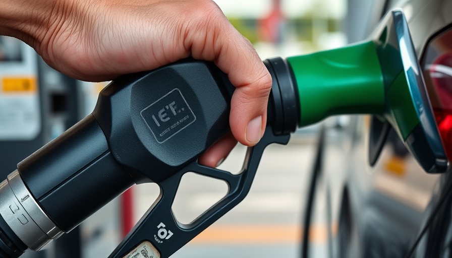 Close-up of hand refueling car with gas pump nozzle, illustrating falling gas prices due to OPEC and tariffs.