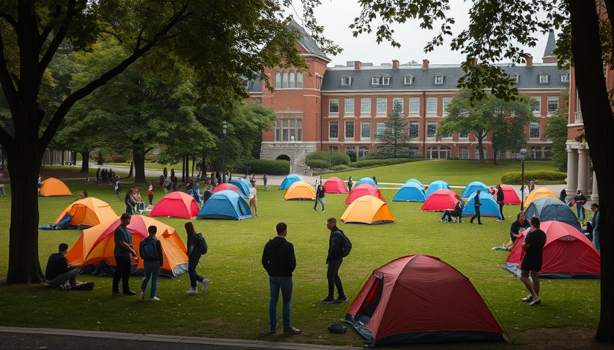 Tents on university lawn during gathering amid Trump Administration freeze.