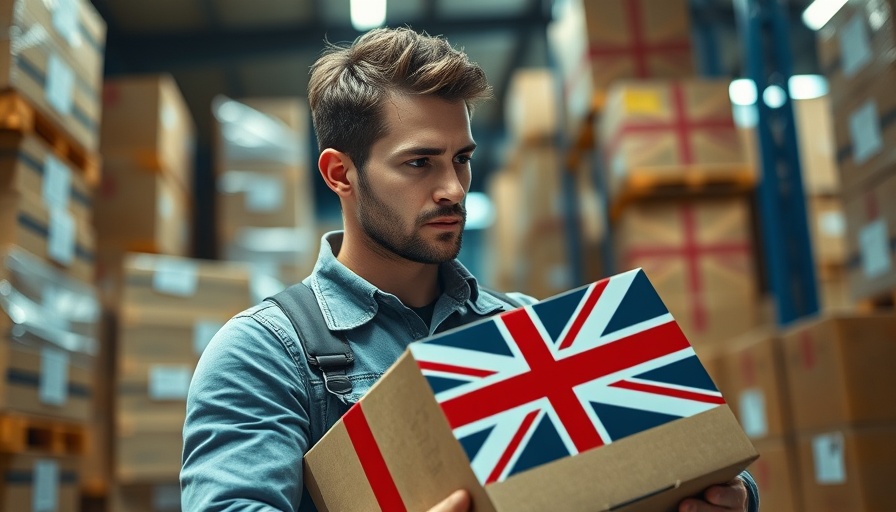 Warehouse worker carrying British flag boxes highlighting consumer trends