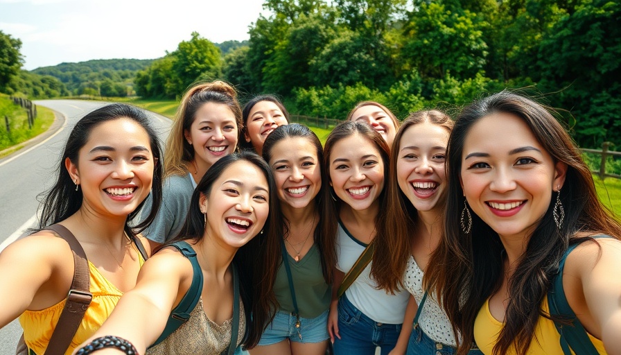 Group of women enjoying freedom outdoors, smiling selfie.
