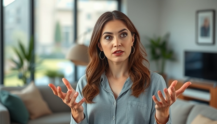 Focused woman indoors explaining in a modern living room.