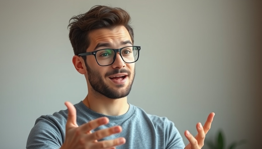 Animated young man explaining visual snow indoors.
